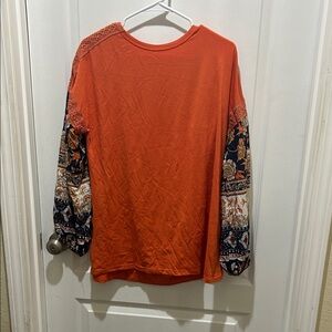 Orange Long Sleeve Top with Patterned Sleeves